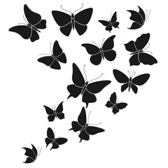 Butterfly black silhouettes. Fly butterflies wedding decor elements, abstract flying beautiful forest and garden insects, monochrome elegant contours vector isolated illustration