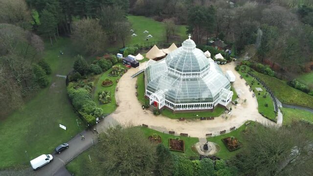 Sefton Park Palm house Liverpool Victorian exotic conservatory greenhouse aerial botanical landmark dome building high orbit right