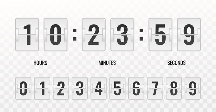 Counter. Realistic countdown clock isolated on transparent background, vintage mechanic watch with black numbers on white plaques, automatic scoreboard, schedule timetable vector template