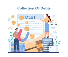 Debt collector concept set. Pursuing payment of debt owed