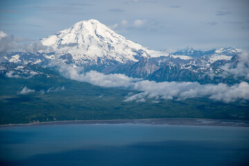 Aerial view of Mt Redoubt and the Cook Inlet, Alaska