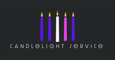 Four purple and pink candles of Advent plus the candle of Christ in the center. Graphic for candlelight service. 