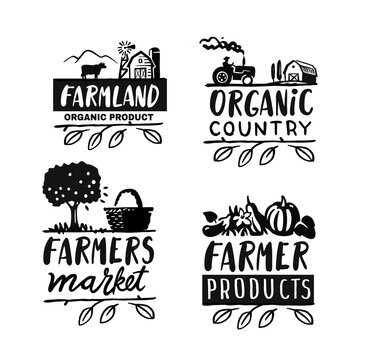 Village emblem with text. Farmer signs for products