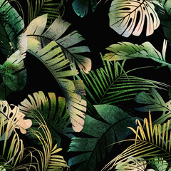 Fototapety  Kwiatowy wzór z tropikalnych liści na tle lato. Projekt szablonu do tekstyliów, wnętrz, ubrań, tapet. Ilustracja Watercolot. Sztuka botaniczna