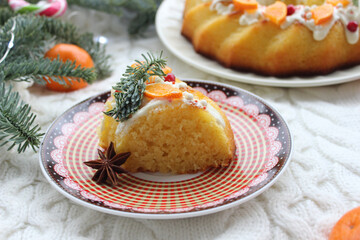 Close-up of a piece of Christmas cake on a plate