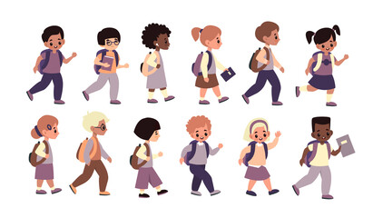 Children going school. Happy students line walk to class, multicultural pupils with backpacks and textbooks hurry to lessons, girls and boys get education. Flat vector collection
