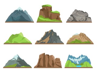 Cartoon mountains silhouettes. Rocky ridges, different hills types, snowy peaks, natural terrains, outdoor landscapes elements collection, extreme tourism vector flat isolated set
