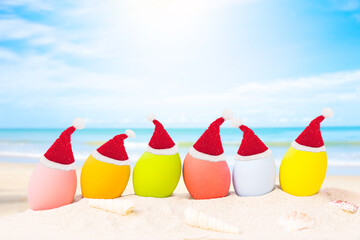 Christmas decoration on sand beach, image for Christmas holiday vacation concept.