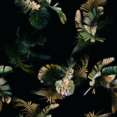 Naklejka premium Seamless floral pattern with tropical leaves on summer background. Template design for textiles, interior, clothes, wallpaper. Watercolot illustration. Botanical art