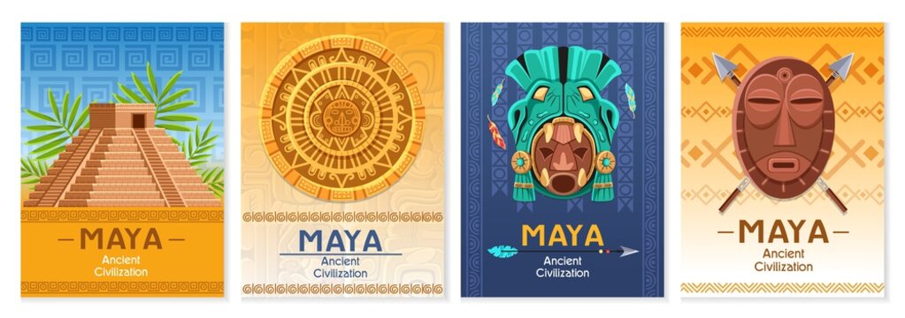 Maya ancient culture. Aztec and Inca civilization elements, archaeological finds, mexico architecture fragments. Religion masks and idols, pyramid and Mayan calendar cartoon vector posters