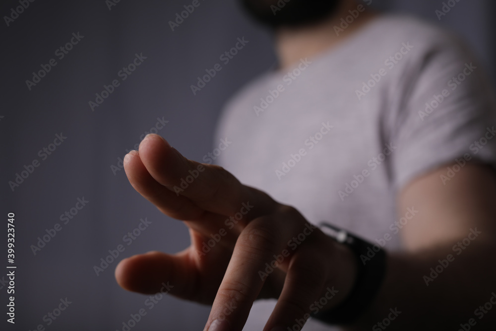 Poster man finger pointing touch pressing