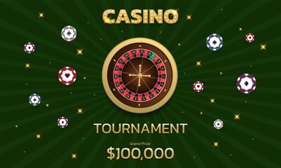 Casino tournament, roulette and chips. Can be used as a flyer, poster, banner or advertisement. Vector illustration on a green background.