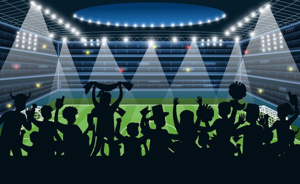 Sport fans at stadium. People black silhouettes on stadium background, soccer football match on spotlight, team supporters stand with flag and posters cartoon vector championship concept