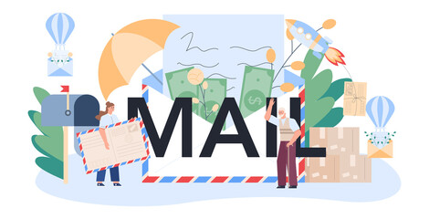 Mail typographic header. Post office staff providing mail service,