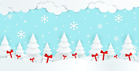 Winter background vector illustration with snowfall and Christmas trees. Snowy background. Winter wonderland vector.