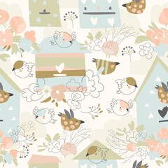 Spring seamless pattern with flowers,birds and birdhouses