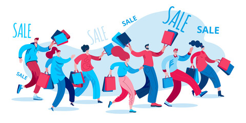 Characters coming with packages from stores. People shopping at the Mall.Template for a horizontal banner on the sale theme.