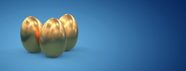3 golden eggs on blue background
