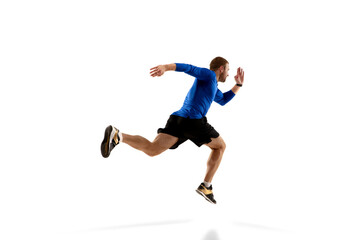 Fototapeta na wymiar Achievement. Caucasian professional jogger, runner training isolated on white studio background. Muscular, sportive man, emotional. Concept of action, motion, youth, healthy lifestyle. Copyspace for