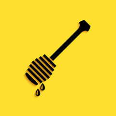 Black Honey dipper stick with dripping honey icon isolated on yellow background. Honey ladle. Long shadow style. Vector.