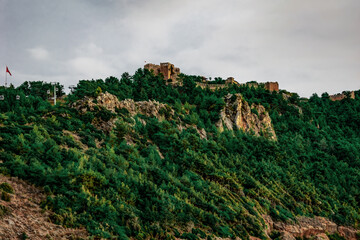 Alanya Castle (Turkey) on the top of a mountain among a green forest - bottom view. Ancient fortress with a tower and stone walls among green trees on a hill in a summer-autumn cloudy day