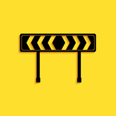 Black Safety barricade symbol icon isolated on yellow background. Traffic sign road. Road block sign. Long shadow style. Vector.