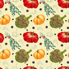 Vegetable watercolor seamless pattern tomato garlic artichoke rosemary on yellow background
