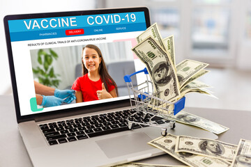 Concept of preparing vaccine from COVID-19 on the laptop screen.