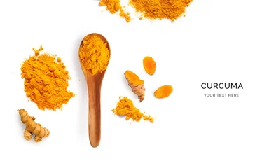 Fotobehang Creative layout made of turmeric powder, root and wood spoon with turmeric on a white background. Top view.   © StudioDFlorez
