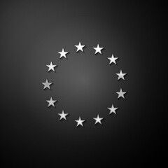 Silver Flag of European Union icon isolated on black background. EU circle symbol. Waving EU flag. Long shadow style. Vector.