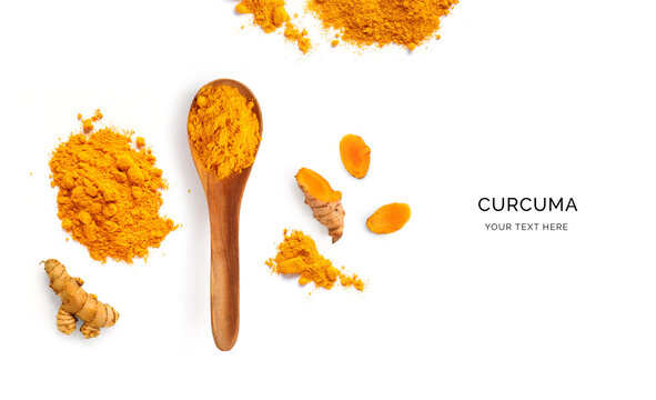 Creative layout made of turmeric powder, root and wood spoon with turmeric on a white background. Top view.  