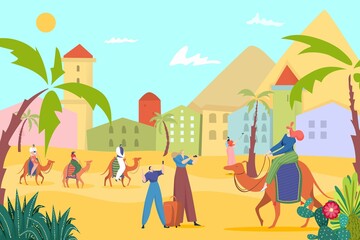 Desert travel with camel, tourist people at egypt sand summer landscape vector illustration. Sun tourism at nature, safari adventure background. Man woman look for pyramid, hot sahara.