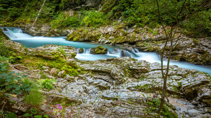 Breathtaking view over colorful Radovna river in Vintgar Gorge, Slovenia.  Long exposure.