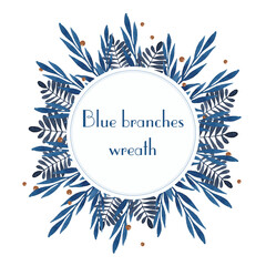 Obraz na płótnie Canvas Blue branch watercolor wreath frame isolated