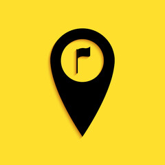 Black Map pointer with golf flag icon isolated on yellow background. Location marker symbol. Long shadow style. Vector.