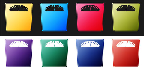 Set Bathroom scales icon isolated on black and white background. Weight measure Equipment. Weight Scale fitness sport concept. Vector.