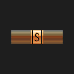Gold Paper money american dollars cash icon isolated on black background. Money banknotes stack with dollar icon. Bill currency. Long shadow style. Vector.