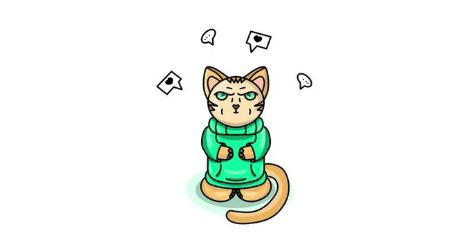 2D animation of a cat.  The cat is meditating.  Annoyed cat from notifications.  Cat in a green sweater