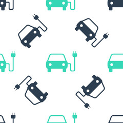 Green Electric car and electrical cable plug charging icon isolated seamless pattern on white background. Electric car charging sign. Renewable eco technologies. Vector.