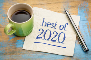 best of 2020 -  handwriting on a napkin with a cup of coffee, product or business review of the recent year