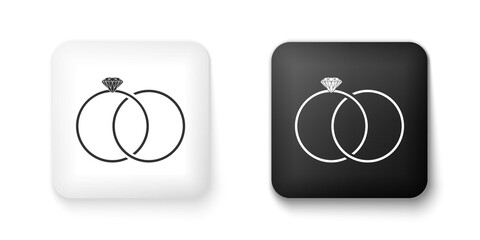 Black and white Wedding rings icon isolated on white background. Bride and groom jewelery sign. Marriage icon. Diamond ring. Square button. Vector.