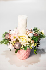 top view of christmas, holiday decor with christmas tree decorations isolated on white background