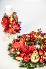 top view of christmas, holiday decor with christmas tree decorations isolated on white background