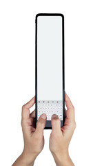 Female hands holding a smartphone and types a very long text message, isolated on a white background