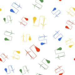 Color Wind mill turbine generating power energy and bulb icon isolated seamless pattern on white background. Natural renewable energy production using wind mills. Vector.