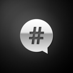 Fototapeta premium Silver Hashtag in circle icon isolated on black background. Social media symbol, concept of number sign, social media, micro blogging pr popularity. Long shadow style. Vector.