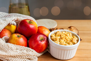 Fresh Organic healthy vegetarian vegan homemade red apple fruit pie crumble cake delicious dessert bake pastry with vanilla ice cream cinnamon for Christmas and autumn season