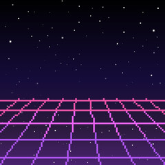 Pixel 80s Retro Wave Sci-Fi Background For game. Pixel art 8bit © nataliia_ptashka