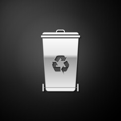 Silver Recycle bin with recycle symbol icon isolated on black background. Trash can icon. Garbage bin sign. Recycle basket icon. Long shadow style. Vector.