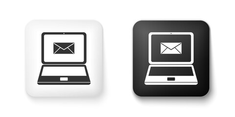 Black and white Laptop with envelope and open email on screen icon isolated on white background. Email marketing, internet advertising concepts. Square button. Vector.